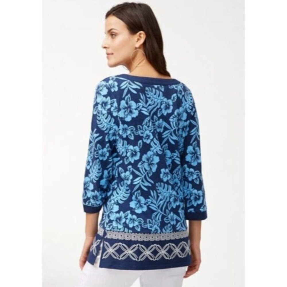 Tommy Bahama Floral Embroidered Tunic Hoani Hibiscus Navy Medium Cotton Modal - Picture 3 of 11